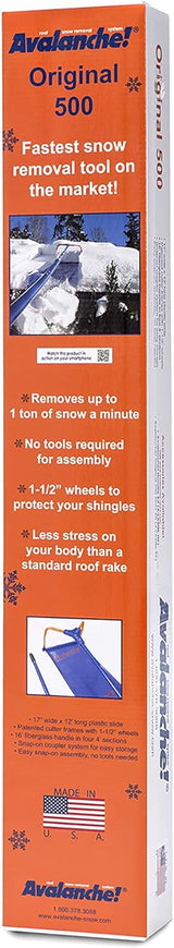 Snow Roof Rake by Avalanche! Original 500 with Slide Material: Easy Heavy Snow Removal for Standard Asphalt Shingled Roofs to Prevent Ice Dams and Damage. 17 Inch Wide, 16 Feet Long, 1.5 Inch Wheels