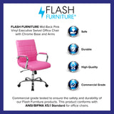 Emma + Oliver Mid-Back Pink Vinyl Executive Swivel Office Chair with Chrome Base and Arms