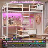 DICTAC Twin Loft Bed with L-Shaped Desk,Storage Shelves and Charging Station Metal Loft Bed Twin Size with LED Lights,Coat Rack with Drawers and Stair,Top Bunk with Safety Guardrail for Teen,Black
